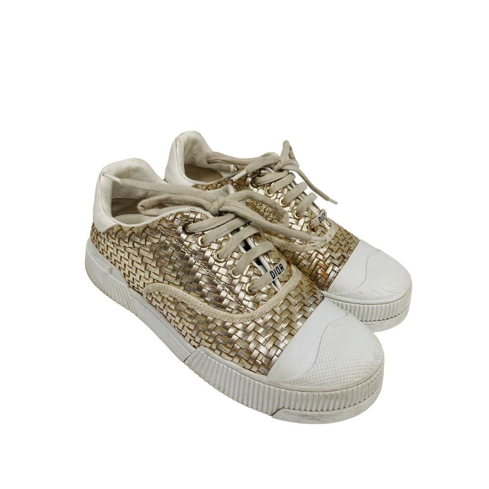 CHRISTIAN DIOR Gold Leather Platform Logo Woven D-Smash Sneakers 37 US 7 - Picture 3 of 7